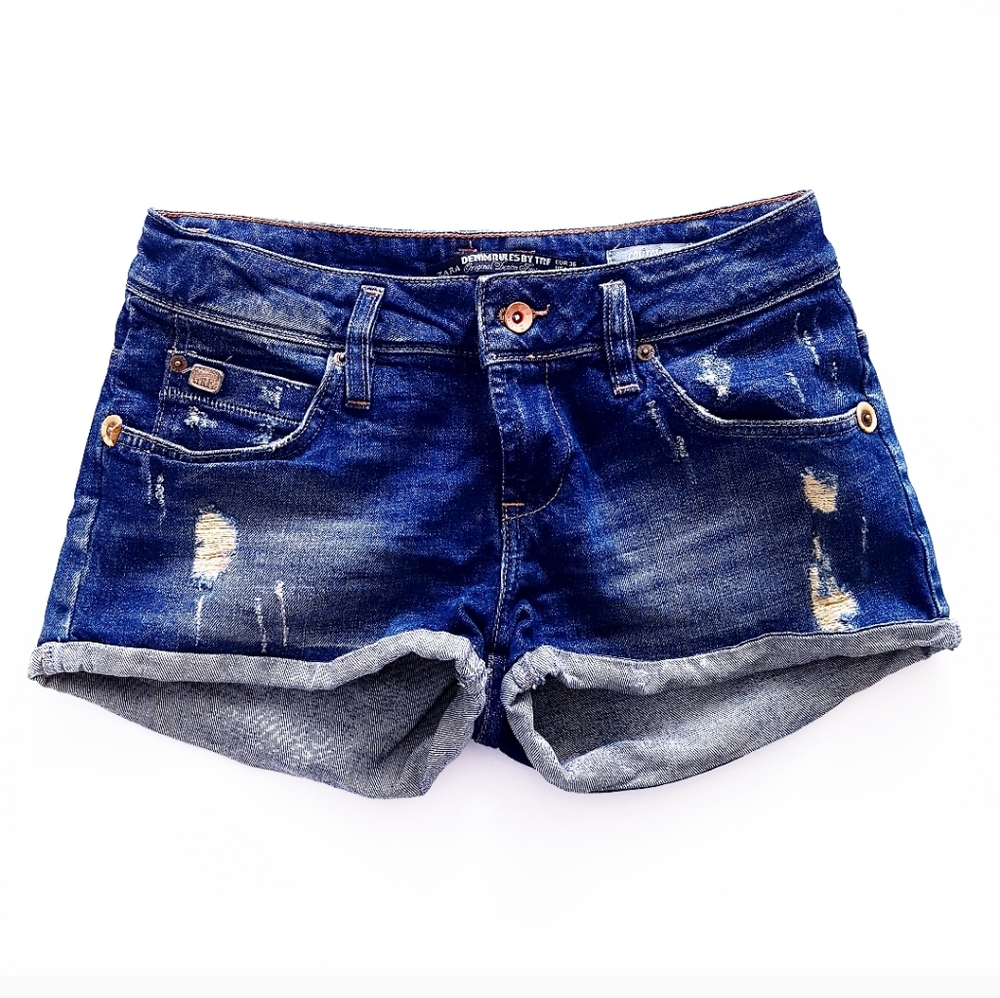 ZARA DENIM RULES BY TRF Blue Distressed Shorts